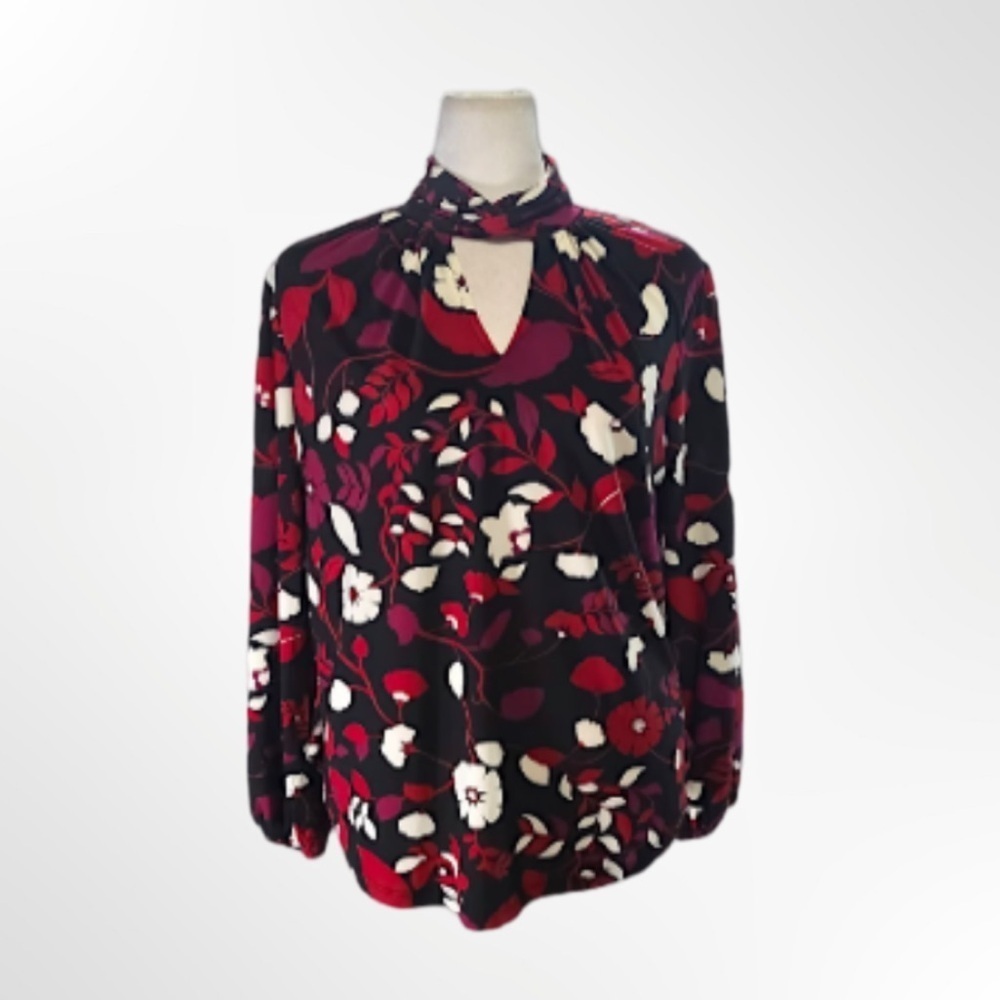 Ann Klein Long Sleeve Red High Neck Cut Out Blouse NWT Size S